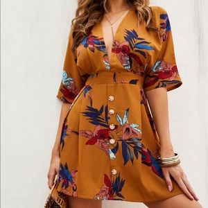 Plunging Neck Tie Back Floral Print Dress
